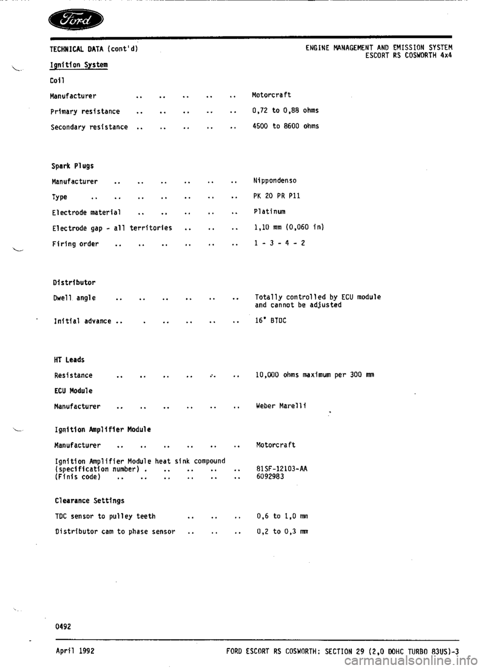 FORD ESCORT RS COSWORTH 1994 1.G Workshop Manual 