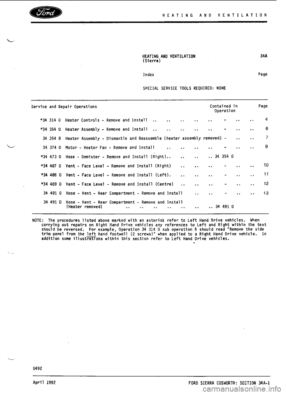 FORD SIERRA RS COSWORTH 1992 1.G Workshop Manual 