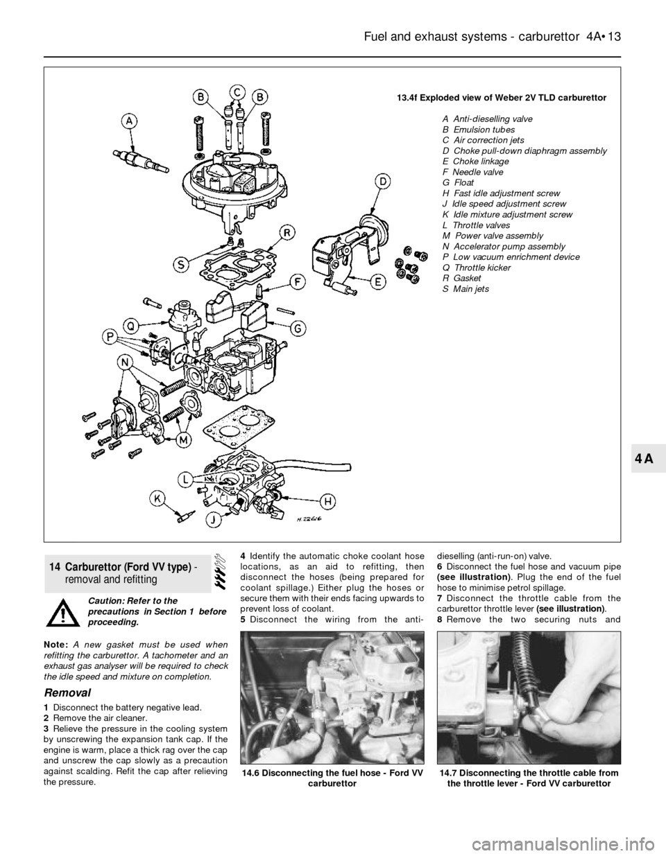 FORD SIERRA 1990 2.G Fuel And Exhaust Systems Carburettor Workshop Manual Fuel and exhaust systems - carburettor  4A•13
4A
13.4f Exploded view of Weber 2V TLD carburettor
A  Anti-dieselling valve
B  Emulsion tubes
C  Air correction jets
D  Choke pull-down diaphragm assemb