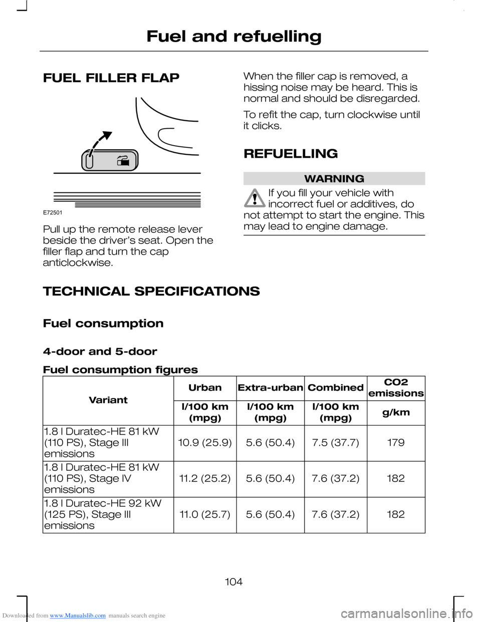 FORD MONDEO 2006 2.G Owners Manual Downloaded from www.Manualslib.com manuals search engine FUEL FILLER FLAP
Pull up the remote release leverbeside the driver’s seat. Open thefiller flap and turn the capanticlockwise.
When the filler