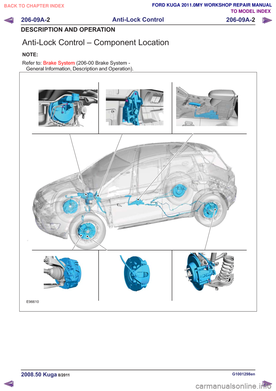 FORD KUGA 2011 1.G Workshop Manual Anti-Lock Control – Component Location
NOTE:
Refer to:Brake System (206-00 Brake System -
General Information, Description and Operation).
E96610
G1001298en2008.50 Kuga8/2011
206-09A- 2
Anti-Lock Co