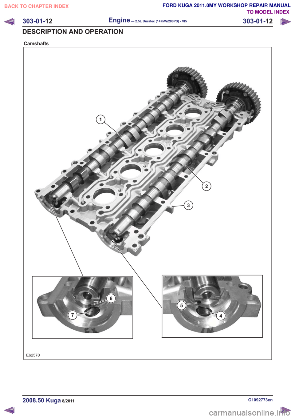 FORD KUGA 2011 1.G Workshop Manual Camshafts
E62570
1
2
3
7
6
5
4
G1092773en2008.50 Kuga8/2011
303-01-12
Engine— 2.5L Duratec (147kW/200PS) - VI5303-01-
12
DESCRIPTION AND OPERATION
TO MODEL INDEX
BACK TO CHAPTER INDEX
FORD KUGA 2011