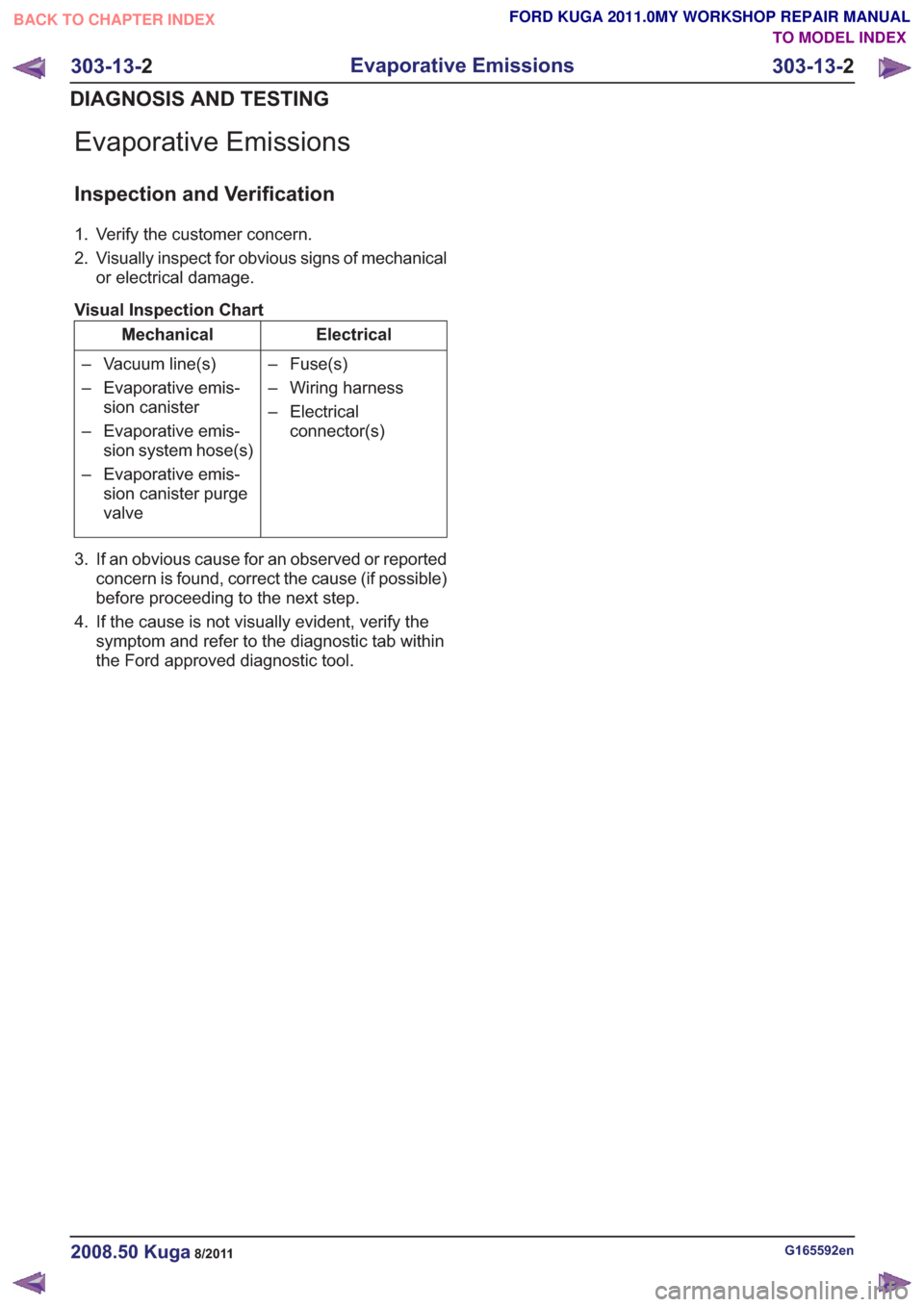 FORD KUGA 2011 1.G Workshop Manual Evaporative Emissions
Inspection and Verification
1. Verify the customer concern.
2. Visually inspect for obvious signs of mechanicalor electrical damage.
Visual Inspection Chart
Electrical
Mechanical