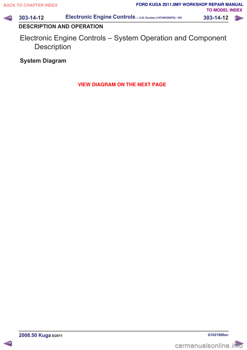 FORD KUGA 2011 1.G Workshop Manual Electronic Engine Controls – System Operation and ComponentDescription
System Diagram
G1021908en2008.50 Kuga8/2011
303-14- 12
Electronic Engine Controls— 2.5L Duratec (147kW/200PS) - VI5303-14-
12