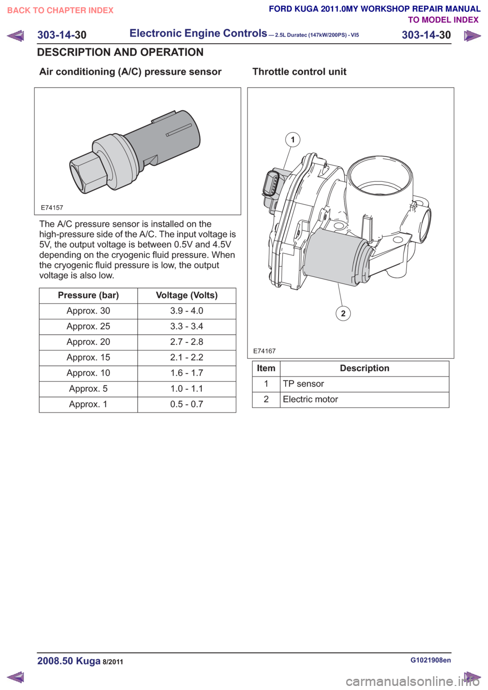 FORD KUGA 2011 1.G Workshop Manual Air conditioning (A/C) pressure sensor
E74157
The A/C pressure sensor is installed on the
high-pressure side of the A/C. The input voltage is
5V, the output voltage is between 0.5V and 4.5V
depending 