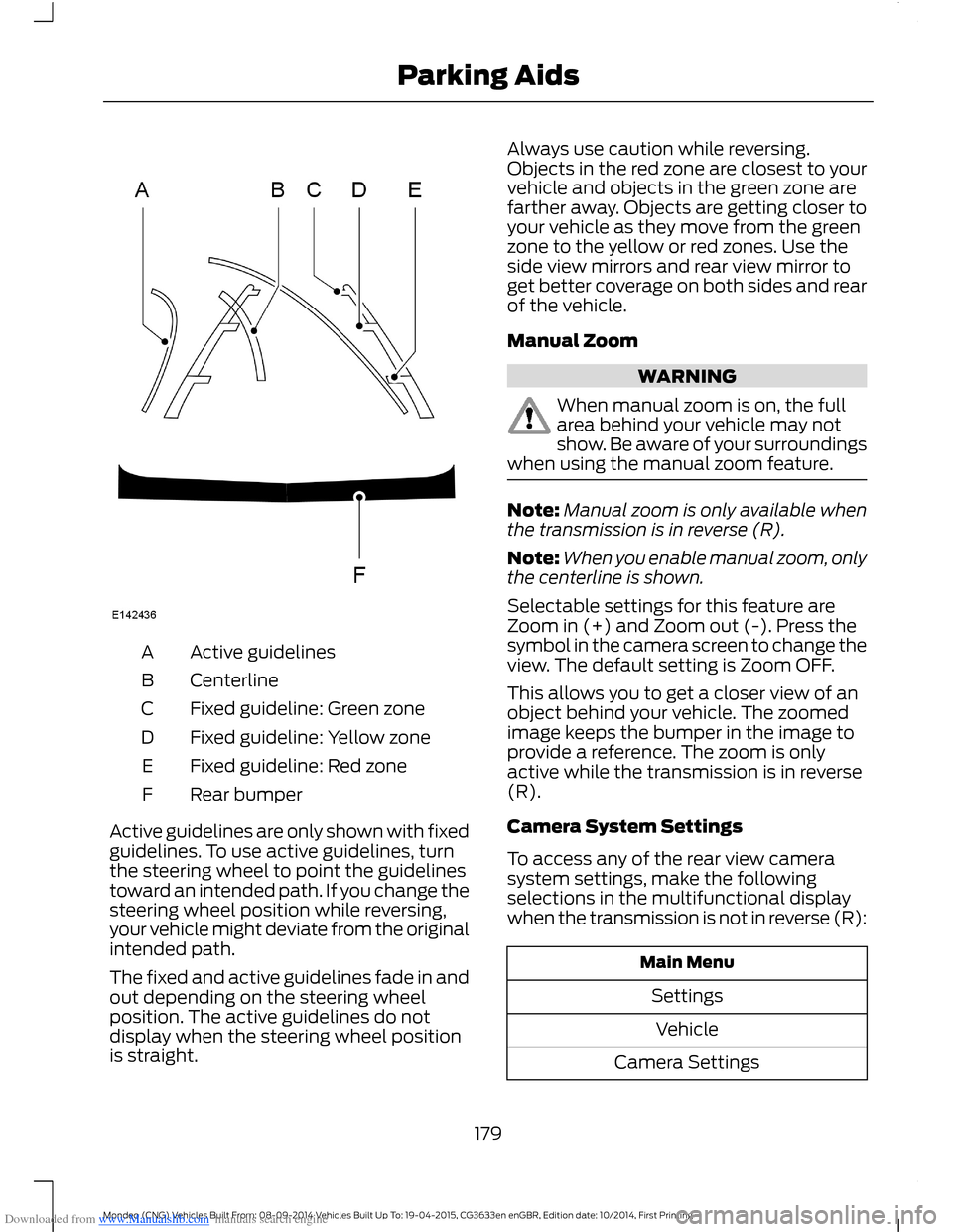 FORD MONDEO 2014 4.G Owners Manual Downloaded from www.Manualslib.com manuals search engine Active guidelinesA
CenterlineB
Fixed guideline: Green zoneC
Fixed guideline: Yellow zoneD
Fixed guideline: Red zoneE
Rear bumperF
Active guidel FORD MONDEO 2014 4.G Owners Manual Downloaded from www.Manualslib.com manuals search engine Active guidelinesA
CenterlineB
Fixed guideline: Green zoneC
Fixed guideline: Yellow zoneD
Fixed guideline: Red zoneE
Rear bumperF
Active guidel