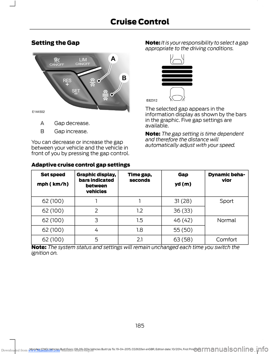 FORD MONDEO 2014 4.G Owners Manual Downloaded from www.Manualslib.com manuals search engine Setting the Gap
Gap decrease.A
Gap increase.B
You can decrease or increase the gapbetween your vehicle and the vehicle infront of you by pressi FORD MONDEO 2014 4.G Owners Manual Downloaded from www.Manualslib.com manuals search engine Setting the Gap
Gap decrease.A
Gap increase.B
You can decrease or increase the gapbetween your vehicle and the vehicle infront of you by pressi
