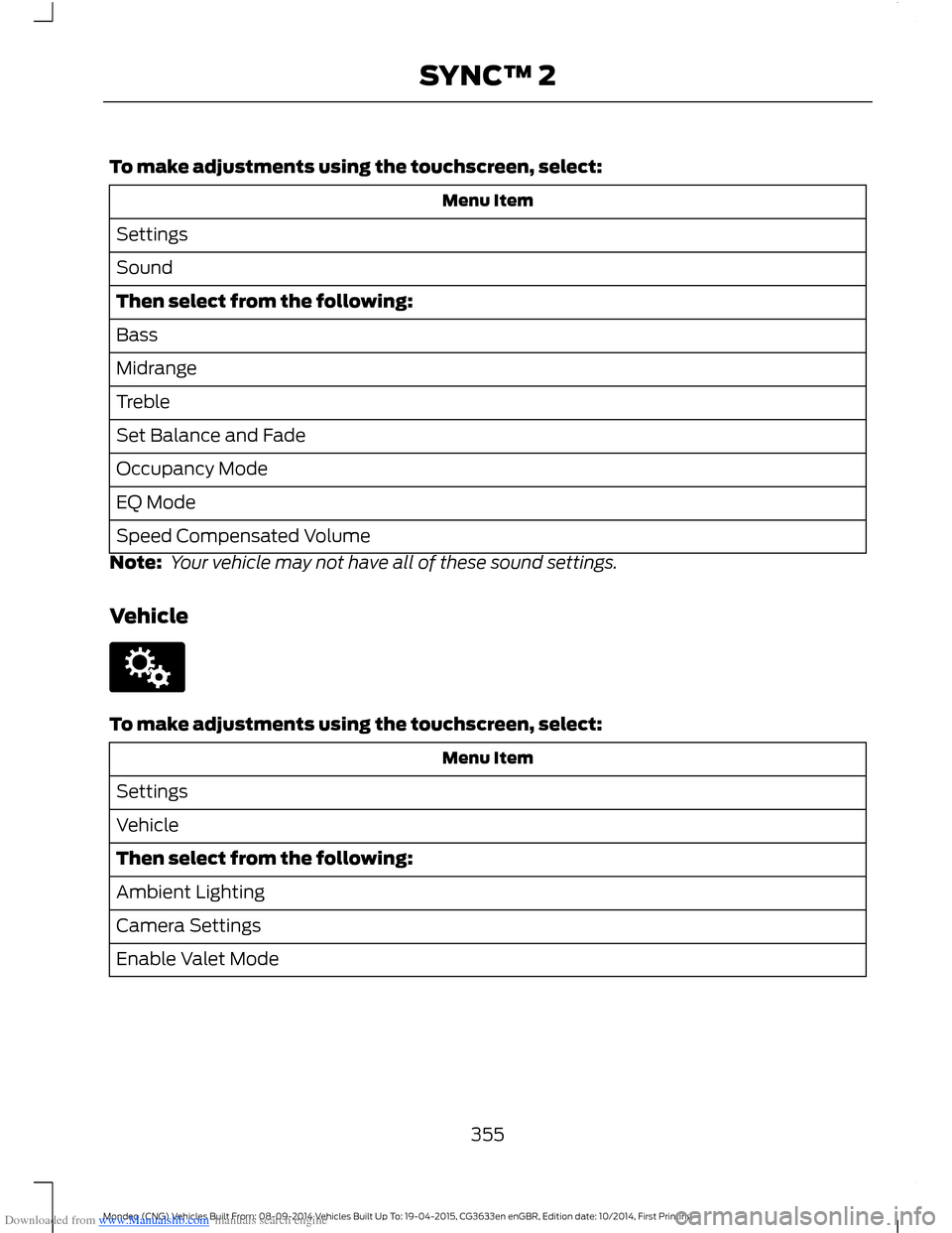 FORD MONDEO 2014 4.G Owners Manual Downloaded from www.Manualslib.com manuals search engine To make adjustments using the touchscreen, select:
Menu Item
Settings
Sound
Then select from the following:
Bass
Midrange
Treble
Set Balance an