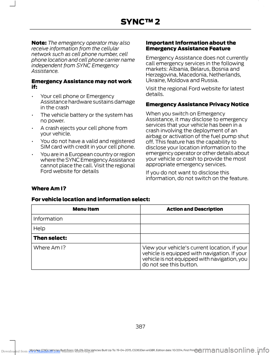 FORD MONDEO 2014 4.G Owners Manual Downloaded from www.Manualslib.com manuals search engine Note:The emergency operator may alsoreceive information from the cellularnetwork such as cell phone number, cellphone location and cell phone c FORD MONDEO 2014 4.G Owners Manual Downloaded from www.Manualslib.com manuals search engine Note:The emergency operator may alsoreceive information from the cellularnetwork such as cell phone number, cellphone location and cell phone c