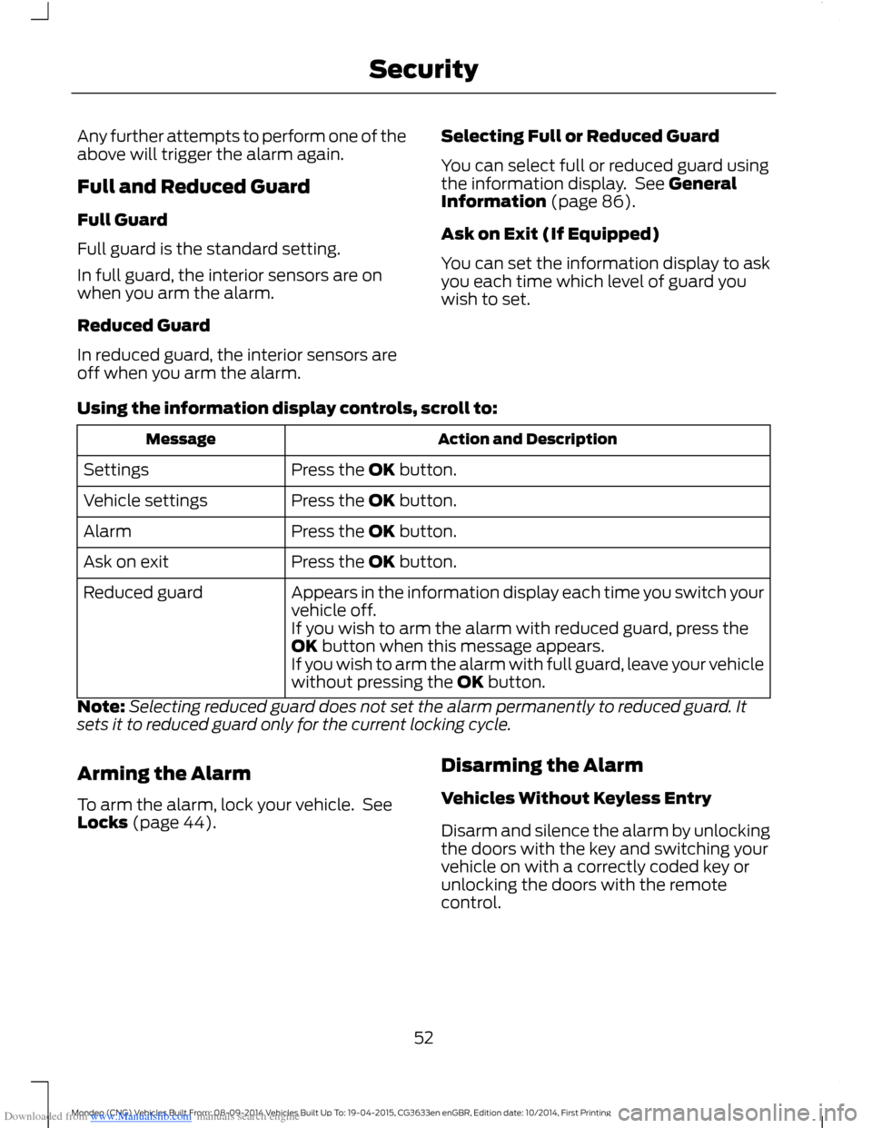 FORD MONDEO 2014 4.G Owners Manual Downloaded from www.Manualslib.com manuals search engine Any further attempts to perform one of theabove will trigger the alarm again.
Full and Reduced Guard
Full Guard
Full guard is the standard sett FORD MONDEO 2014 4.G Owners Manual Downloaded from www.Manualslib.com manuals search engine Any further attempts to perform one of theabove will trigger the alarm again.
Full and Reduced Guard
Full Guard
Full guard is the standard sett