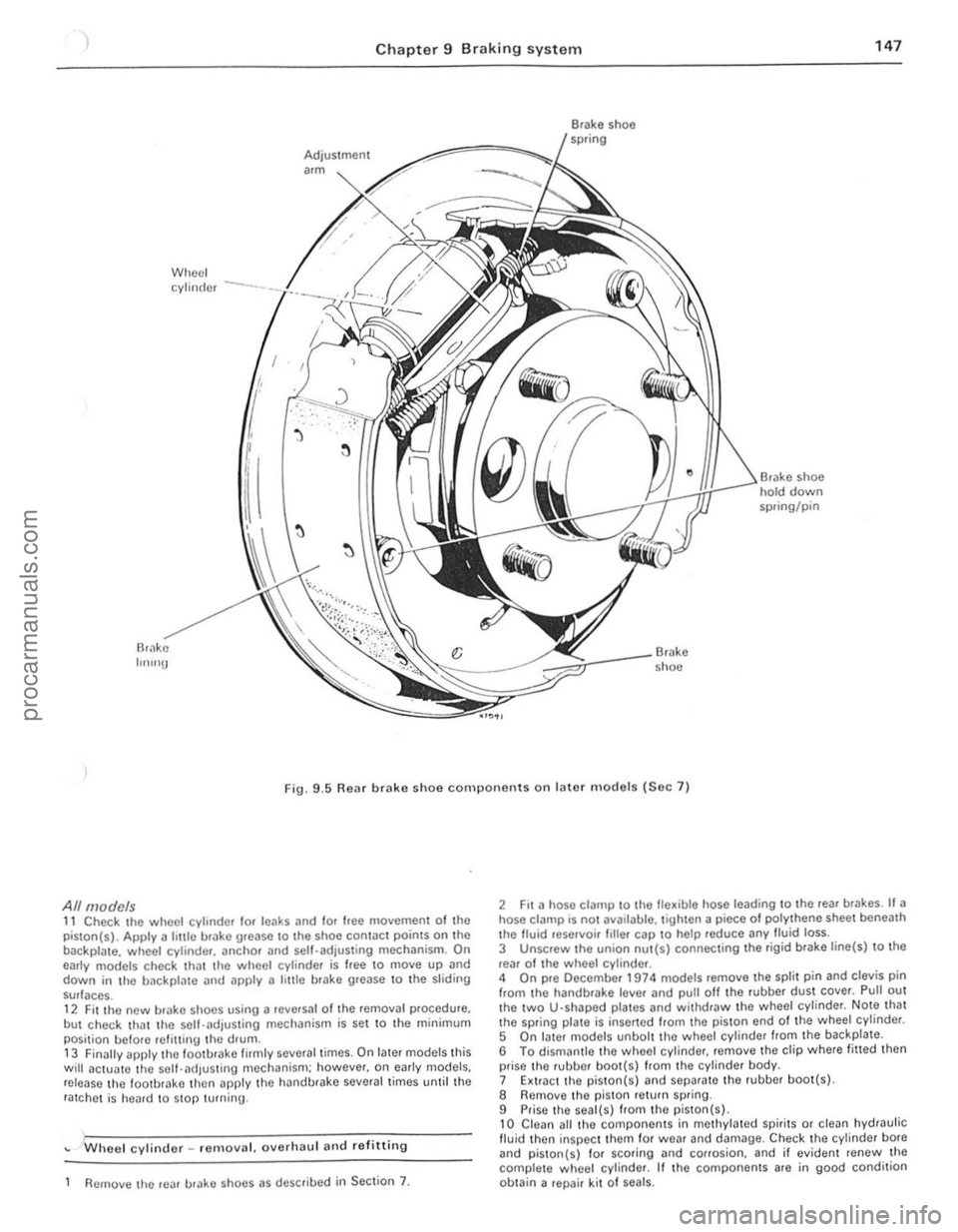 FORD CAPRI 1974 Workshop Manual Chapter 9 Braking system 147
Br;lke IlIlInU
Wheel Adjustment
"m
cylinder --·-·_.L
-::'~~:.J/
I
j
~
l
~
• shoe hold down spring/pin
Br.lke shoe
Fig. 9
.5 Rear brake shoe compone FORD CAPRI 1974 Workshop Manual Chapter 9 Braking system 147
Br;lke IlIlInU
Wheel Adjustment
"m
cylinder --·-·_.L
-::'~~:.J/
I
j
~
l
~
• shoe hold down spring/pin
Br.lke shoe
Fig. 9
.5 Rear brake shoe compone