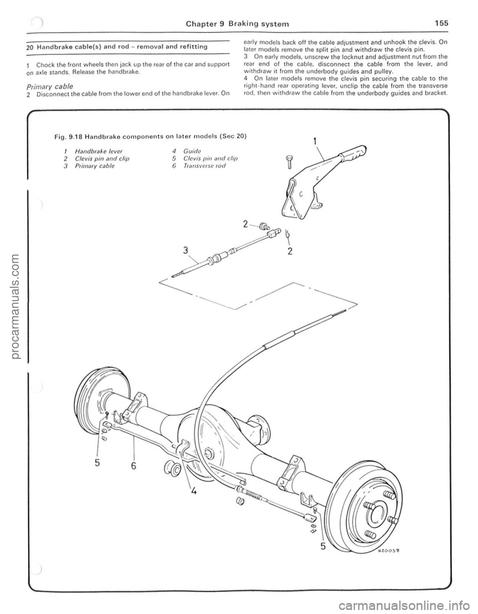 FORD CAPRI 1974  Workshop Manual ) Chapter 9 Braking syste m 155 
20  Hllndbrake ctlble(s) and rod -removal and refitting 
I  Chock the hon wheels  Ihen jack up Ihe rea, ollhe car and support on a~le stands. Release tho handbfilke . 