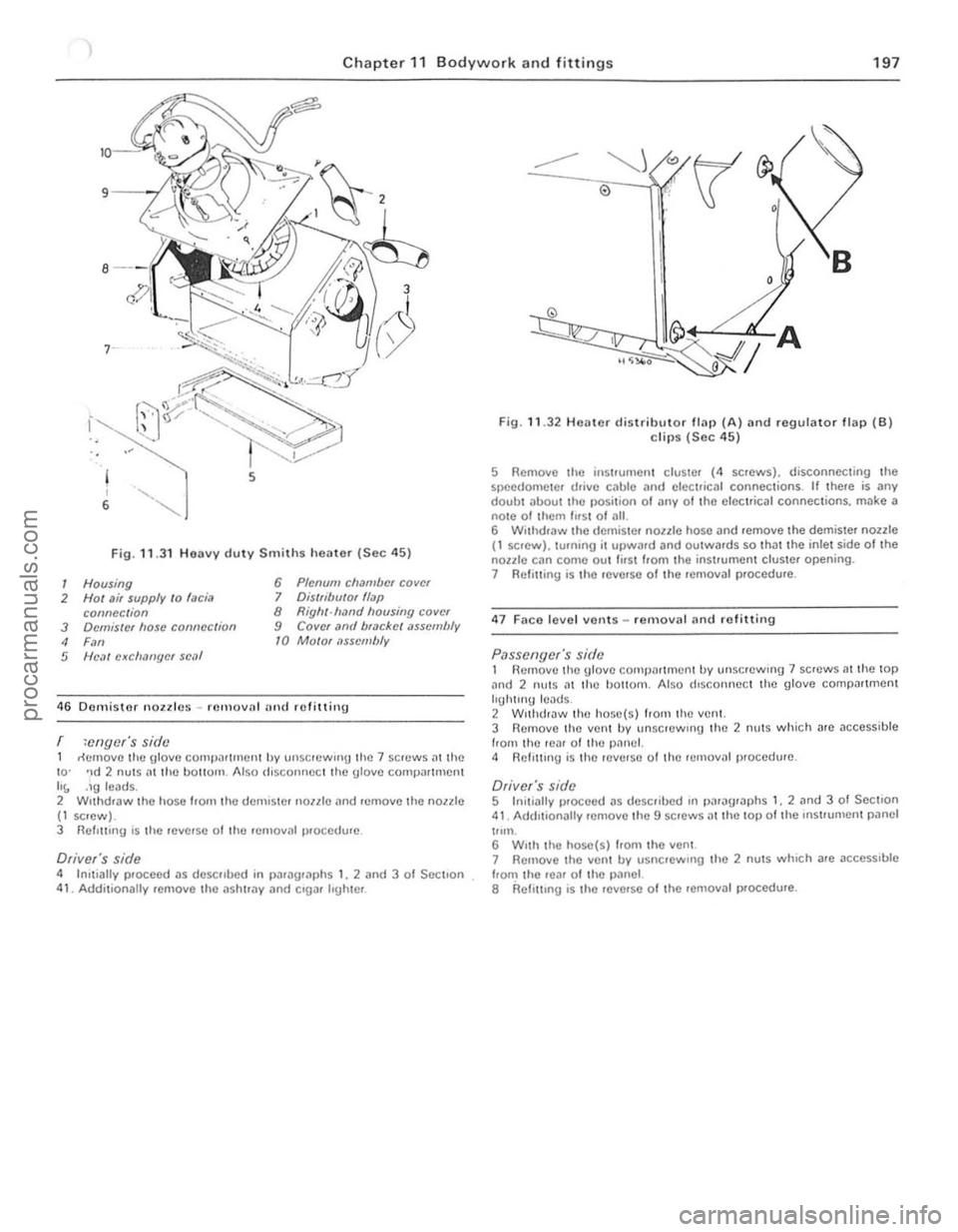 FORD CAPRI 1974  Workshop Manual 7 
) Chapte r 11 Bodyw ork  an d  f ittings 197 
Fig. 11 .3 1  H eavy duty Smith s h eate r  (Sec 4 5) 
1 Housing 6 Plenum chamber covel 
2 Hot ai, supply /0 laciil 7 Ois/fibulor flap 
connec tion 8 R