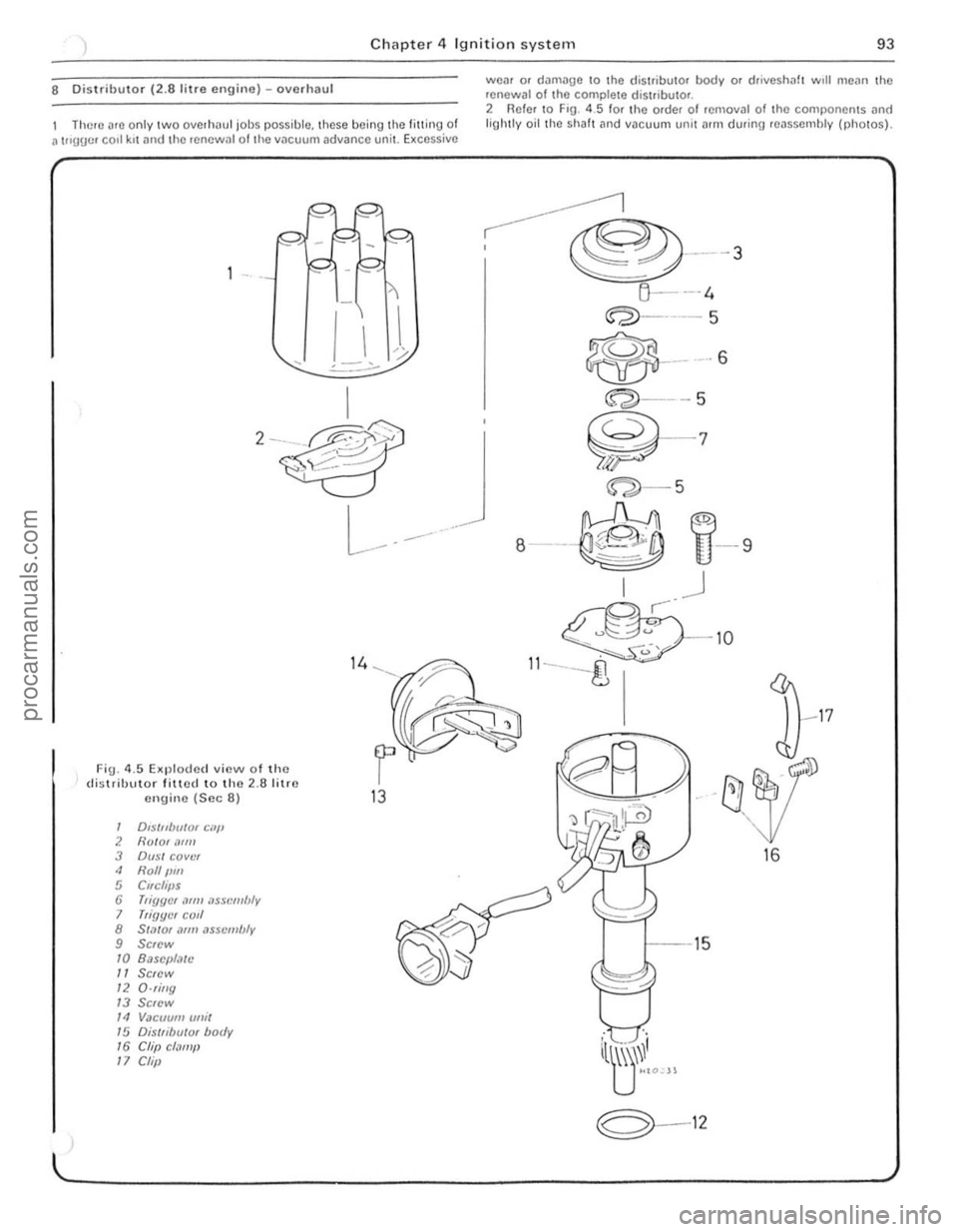 FORD CAPRI 1974  Workshop Manual Chapter 4 Ignition system 93 
8 Distributor (2.8 lilre engine) -overhaul 
There arc only two overh"ul jol)s possible. these being  the fitling of a t"UUcr  carl krtllnd the renewal of the vacuum  adva