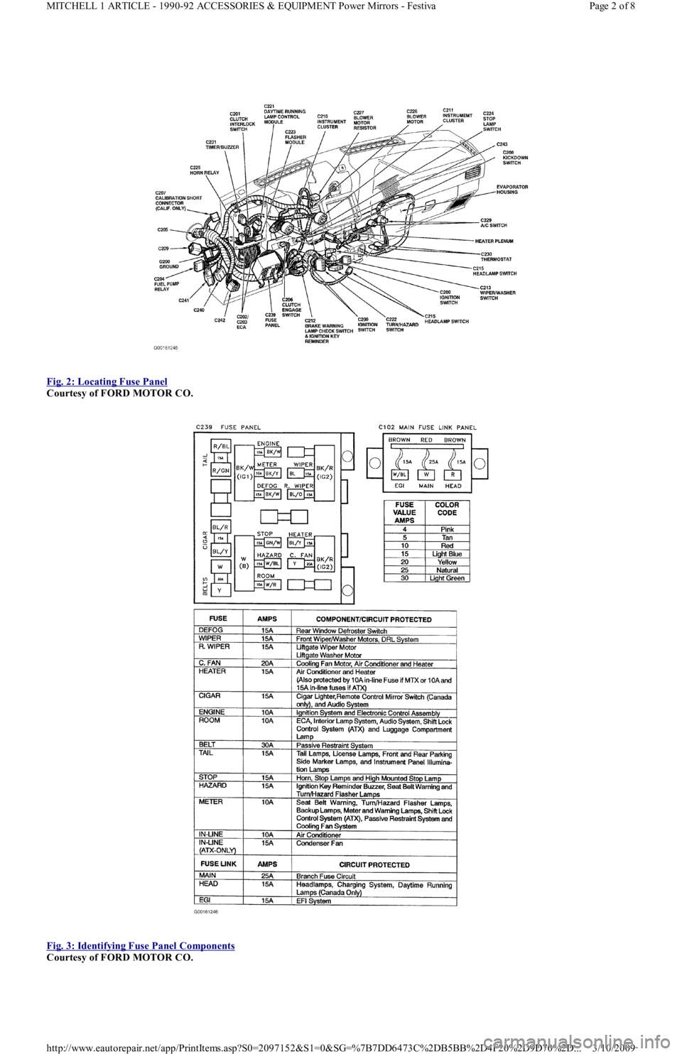 FORD FESTIVA 1991  Service Manual  
Fig. 2: Locating Fuse Panel
 
Courtesy of FORD MOTOR CO. 
 
Fig. 3: Identifying Fuse Panel Components
 
Courtesy of FORD MOTOR CO. 
Page 2 of 8 MITCHELL 1 ARTICLE - 1990-92 ACCESSORIES & EQUIPMENT P