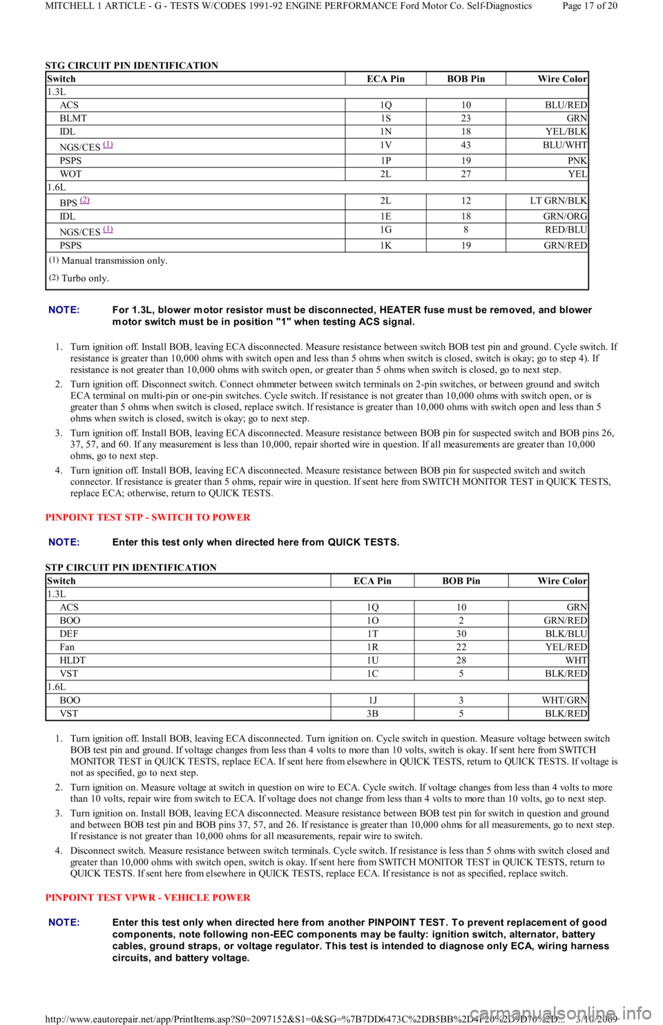 FORD FESTIVA 1991 Service Manual STG CIRCUIT PIN IDENTIFICATION
1. Turn ignition off. Install BOB, leaving ECA disconnected. Measure resistance between switch BOB test pin and ground. Cycle switch. I
f
resistance is greater than 10 FORD FESTIVA 1991 Service Manual STG CIRCUIT PIN IDENTIFICATION
1. Turn ignition off. Install BOB, leaving ECA disconnected. Measure resistance between switch BOB test pin and ground. Cycle switch. I
f
resistance is greater than 10