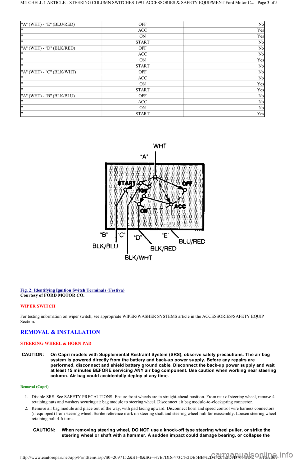 FORD FESTIVA 1991 Service Manual
Fig. 2: Identifying Ignition Switch Terminals (Festiva)
Courtesy of FORD MOTOR CO.
WIPER SWITCH
For testing information on wiper switch, see appropriate WIPER/WASHER SYSTEMS article in the ACCES FORD FESTIVA 1991 Service Manual
Fig. 2: Identifying Ignition Switch Terminals (Festiva)
Courtesy of FORD MOTOR CO.
WIPER SWITCH
For testing information on wiper switch, see appropriate WIPER/WASHER SYSTEMS article in the ACCES