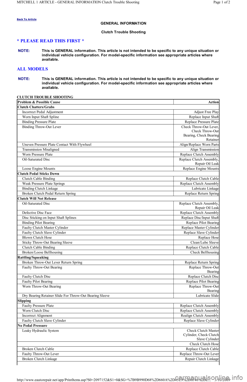 FORD FESTIVA 1991 Service Manual Back To Article
GENERAL INFORMATION
Clutch Trouble Shooting
* PLEASE READ THIS FIRST *
ALL MODELS
CLUTCH TROUBLE SHOOTING NOTE:This is GENERAL inform ation. This article is not intended to be sp FORD FESTIVA 1991 Service Manual Back To Article
GENERAL INFORMATION
Clutch Trouble Shooting
* PLEASE READ THIS FIRST *
ALL MODELS
CLUTCH TROUBLE SHOOTING NOTE:This is GENERAL inform ation. This article is not intended to be sp