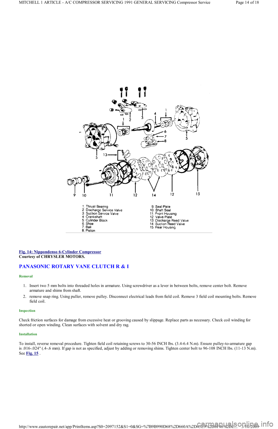 FORD FESTIVA 1991 Service Manual
Fig. 14: Nippondenso 6
-Cylinder Compressor
Courtesy of CHRYSLER MOTORS.
PANASONIC ROTARY VANE CLUTCH R & I
Removal
1. Insert two 5 mm bolts into threaded holes in armature. Using screwdriver as FORD FESTIVA 1991 Service Manual
Fig. 14: Nippondenso 6
-Cylinder Compressor
Courtesy of CHRYSLER MOTORS.
PANASONIC ROTARY VANE CLUTCH R & I
Removal
1. Insert two 5 mm bolts into threaded holes in armature. Using screwdriver as