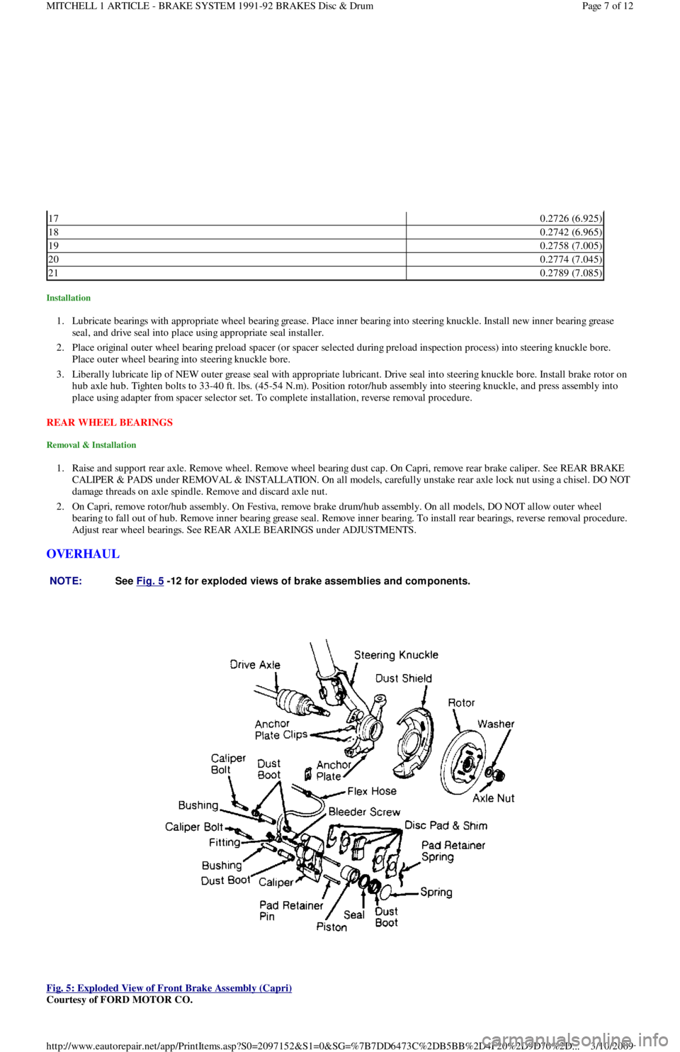 FORD FESTIVA 1991 Service Manual Installation
1. Lubricate bearings with appropriate wheel bearing grease. Place inner bearing into steering knuckle. Install new inner bearing gr e a se
seal, and drive seal into place using approp FORD FESTIVA 1991 Service Manual Installation
1. Lubricate bearings with appropriate wheel bearing grease. Place inner bearing into steering knuckle. Install new inner bearing gr e a se
seal, and drive seal into place using approp