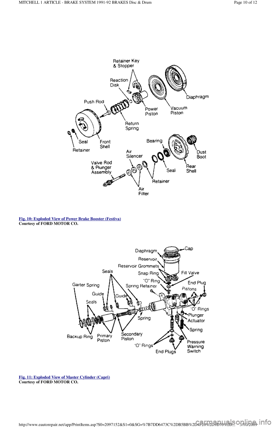 FORD FESTIVA 1991  Service Manual  
Fig. 10: Exploded View of Power Brake Booster (Festiva)
 
Courtesy of FORD MOTOR CO. 
 
Fig. 11: Exploded View of Master Cylinder (Capri)
 
Courtesy of FORD MOTOR CO. 
Page 10 of 12 MITCHELL 1 ARTIC