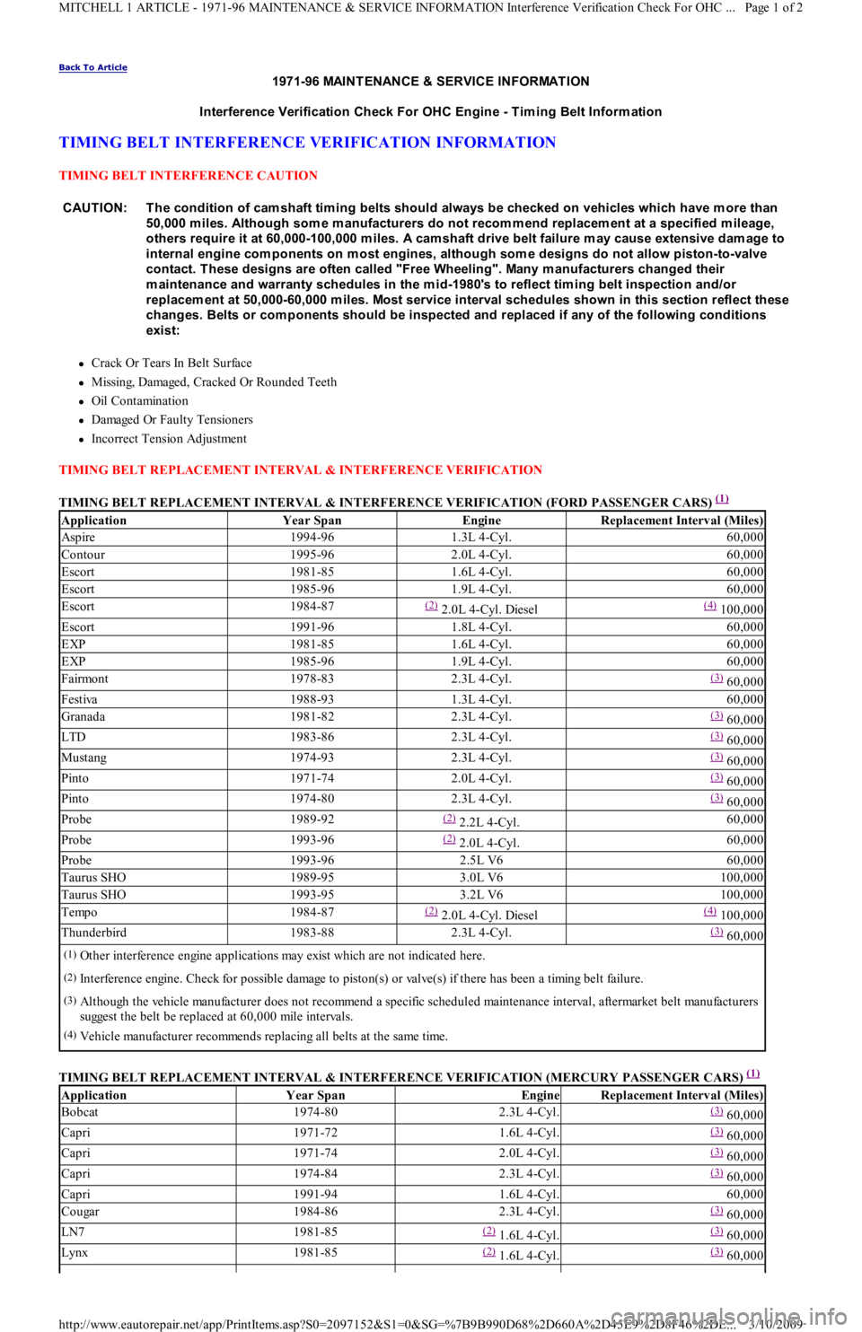 FORD FESTIVA 1991 Service Manual Back To Article
1971-96 MAINT ENANCE & SERVICE INFORMAT ION
Interference Verification Check For OHC Engine - T im ing Belt Inform ation
TIMING BELT INTERFERENCE VERIFICATION INFORMATION
TIMING BELT FORD FESTIVA 1991 Service Manual Back To Article
1971-96 MAINT ENANCE & SERVICE INFORMAT ION
Interference Verification Check For OHC Engine - T im ing Belt Inform ation
TIMING BELT INTERFERENCE VERIFICATION INFORMATION
TIMING BELT