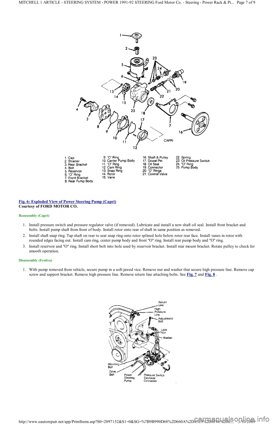 FORD FESTIVA 1991 Service Manual
Fig. 6: Exploded View of Power Steering Pump (Capri)
Courtesy of FORD MOTOR CO.
Reassembly (Capri)
1. Install pressure switch and pressure regulator valve (if removed). Lubricate and install a n FORD FESTIVA 1991 Service Manual
Fig. 6: Exploded View of Power Steering Pump (Capri)
Courtesy of FORD MOTOR CO.
Reassembly (Capri)
1. Install pressure switch and pressure regulator valve (if removed). Lubricate and install a n