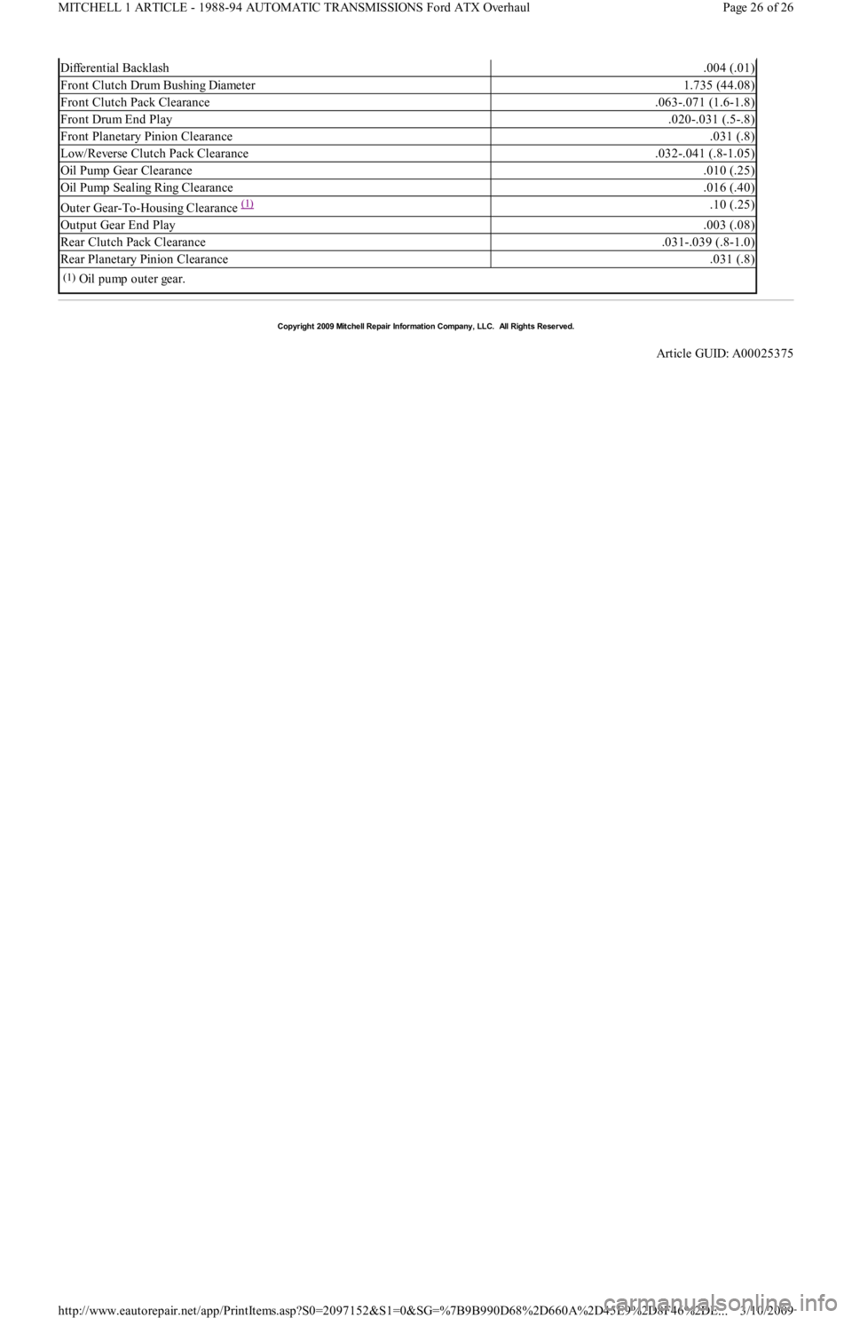 FORD FESTIVA 1991  Service Manual Differential Backlash.004 (.01)
Front Clutch Drum Bushing Diameter1.735 (44.08)
Front Clutch Pack Clearance.063-.071 (1.6-1.8)
Front Drum End Play.020-.031 (.5-.8)
Front Planetary Pinion Clearance.031
