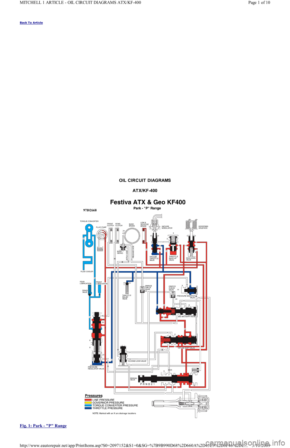 FORD FESTIVA 1991  Service Manual Back To Article 
OIL CIRCUIT DIAGRAMS 
AT X/KF-400 
 
Fig. 1: Park 
- "P" Range 
Page 1 of 10 MITCHELL 1 ARTICLE - OIL CIRCUIT DIAGRAMS ATX/KF-400
3/10/2009 http://www.eautorepair.net/app/PrintItems.a
