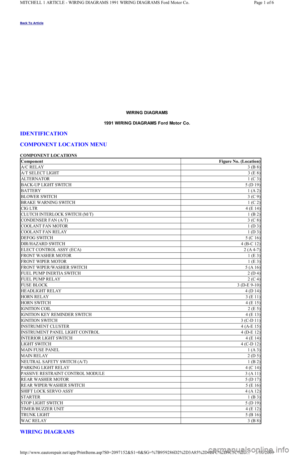 FORD FESTIVA 1991 Service Manual Back To Article
WIRING DIAGRAMS
1991 WIRING DIAGRAMS Ford Motor Co.
IDENTIFICATION
COMPONENT LOCATION MENU
COMPONENT LOCATIONS
WIRING DIAGRAMS
ComponentFigure No. (Location)
A/C RELAY3 (B 8)
A/T FORD FESTIVA 1991 Service Manual Back To Article
WIRING DIAGRAMS
1991 WIRING DIAGRAMS Ford Motor Co.
IDENTIFICATION
COMPONENT LOCATION MENU
COMPONENT LOCATIONS
WIRING DIAGRAMS
ComponentFigure No. (Location)
A/C RELAY3 (B 8)
A/T