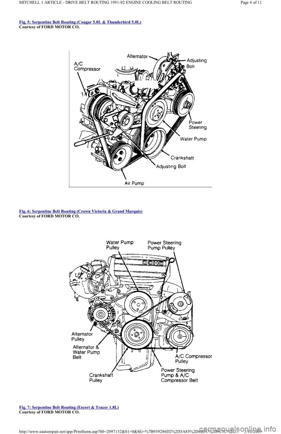 FORD FESTIVA 1991  Service Manual Fig. 5: Serpentine Belt Routing (Cougar 5.0L & Thunderbird 5.0L) 
Courtesy of FORD MOTOR CO. 
 
Fig. 6: Serpentine Belt Routing (Crown Victoria & Grand Marquis)
 
Courtesy of FORD MOTOR CO. 
 
Fig. 7:
