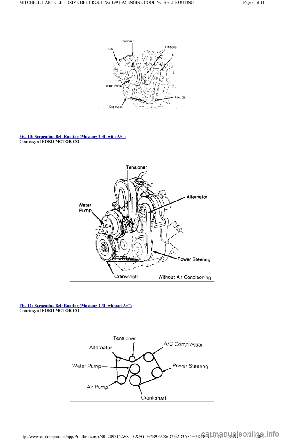 FORD FESTIVA 1991  Service Manual  
Fig. 10: Serpentine Belt Routing (Mustang 2.3L with A/C)
 
Courtesy of FORD MOTOR CO. 
 
Fig. 11: Serpentine Belt Routing (Mustang 2.3L without A/C)
 
Courtesy of FORD MOTOR CO. 
Page 6 of 11 MITCHE