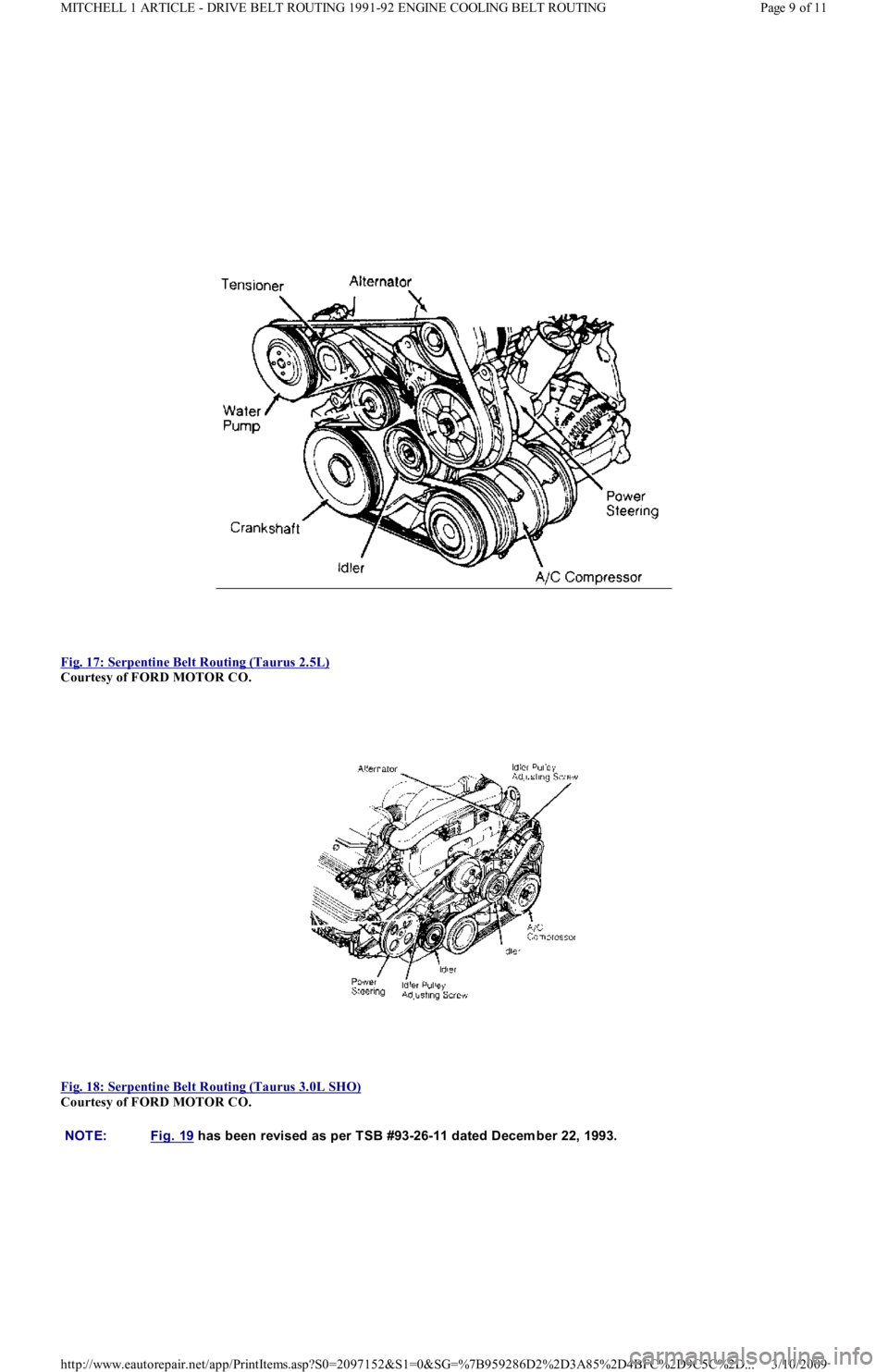 FORD FESTIVA 1991  Service Manual  
Fig. 17: Serpentine Belt Routing (Taurus 2.5L)
 
Courtesy of FORD MOTOR CO. 
 
Fig. 18: Serpentine Belt Routing (Taurus 3.0L SHO)
 
Courtesy of FORD MOTOR CO. 
NOTE: Fig. 19 has been revised as per 