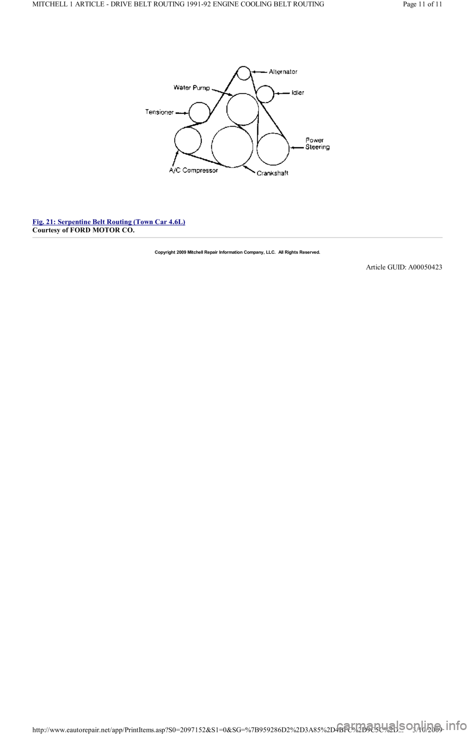 FORD FESTIVA 1991  Service Manual  
Fig. 21: Serpentine Belt Routing (Town Car 4.6L)
 
Courtesy of FORD MOTOR CO. 
Copyr ight 2009 Mitchell Repair  Information Company, LLC.  All Rights Reserved.  
Article GUID: A00050423 
Page 11 of 