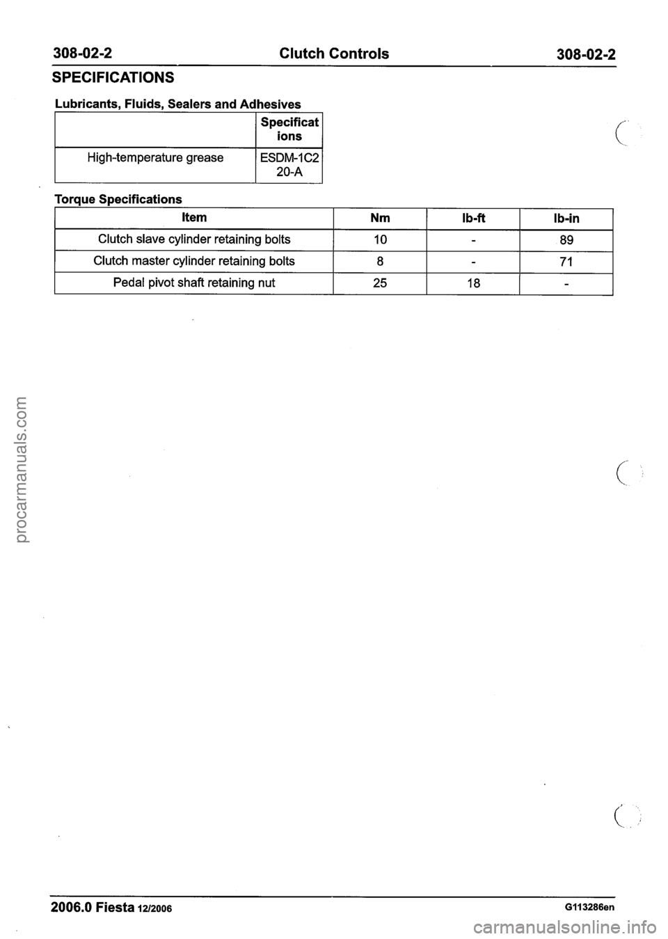FORD FIESTA 2007  Workshop Manual 
308-02-2 Clutch Controls 308-02-2 
SPECIFICATIONS 
Lubricants, Fluids, Sealers and Adhesives 
Specificat 
I ions 1 
High-temperature grease 
I Clutch slave cylinder retaining bolts I 10 I I 89 I - 
T