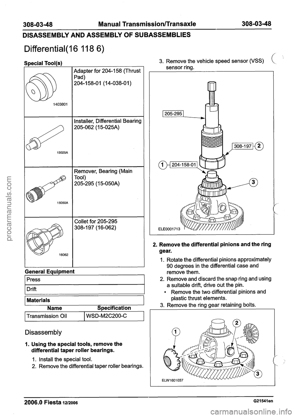 FORD FIESTA 2007  Workshop Manual 
308-0348 Manual TransmissionlTransaxle 308-03-48 
General Equipment 
1 press I 
1 Drift I 
Materials 
Name 
S~ecification 
1 Transmission  Oil I WSD-M2C200-C I 
Disassembly 
1. Using  the special too