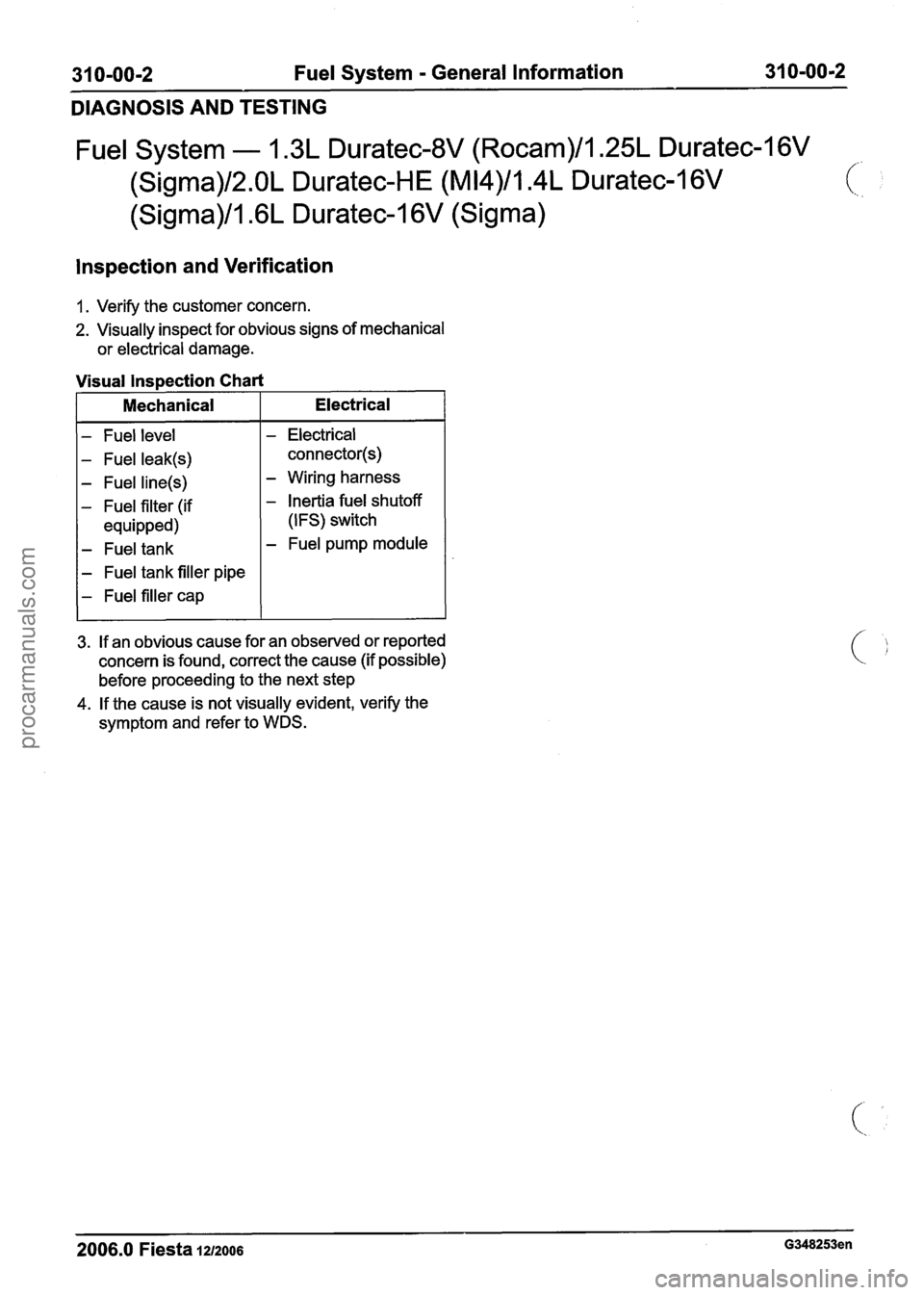 FORD FIESTA 2007  Workshop Manual 
31 0-00-2  Fuel System - General  Information  31 0-00-2 
DIAGNOSIS  AND TESTING 
Fuel System - 1.3L Duratec-8V (Rocam)/l.25L Duratec-1 6V 
(Sigma)/2.0L Duratec-HE (M14)/1.4L Duratec-I 6V 
(Sigma)/l.