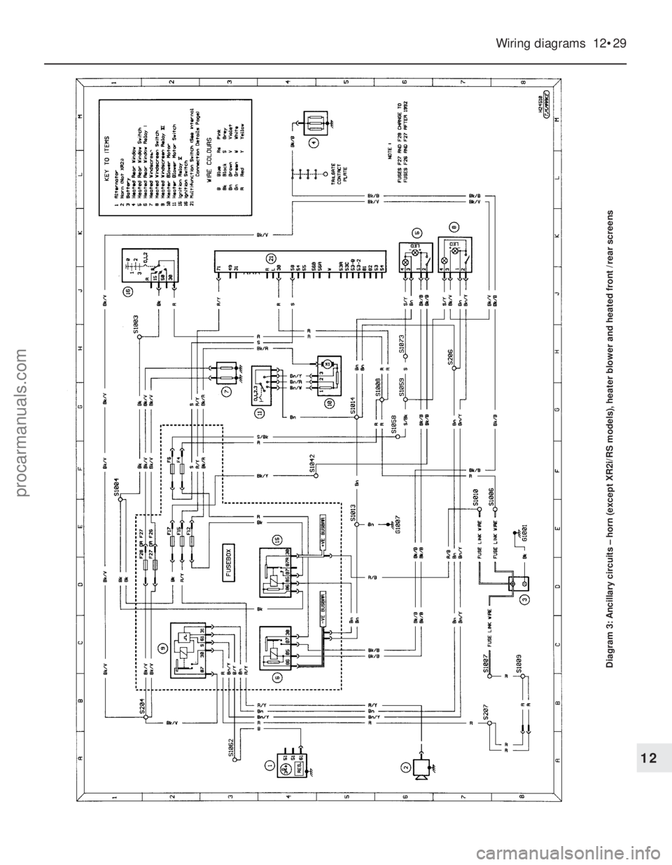 FORD FIESTA 1989  Service Repair Manual Wiring diagrams  12•29
Diagram 3: Ancillary circuits – horn (except XR2i/RS models), heate\
r blower and heated front /rear screens
12
1595Ford Fiesta Remakeprocarmanuals.com
http://vnx.su  
