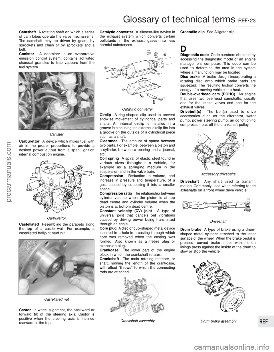FORD FIESTA 1989  Service Repair Manual 1595 Ford Fiesta Remake
Glossary of technical termsREF•23
REF
CamshaftA rotating shaft on which a series
of cam lobes operate the valve mechanisms.
The camshaft may be driven by gears, by
spr ockets
