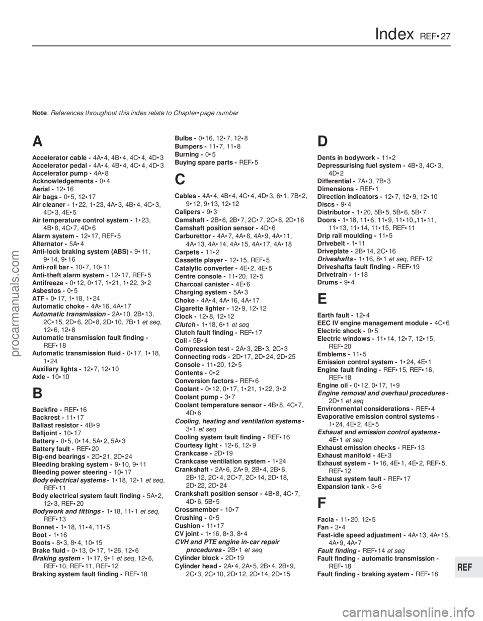 FORD FIESTA 1989  Service Repair Manual 1595 Ford Fiesta Remake
IndexREF•27
REF
Note: References throughout this index relate to Chapter•page number
A
Accelerator cable -4A•4, 4B•4, 4C•4, 4D•3
Accelerator pedal - 4A•4, 4B•4,