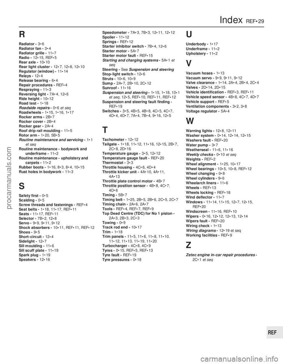 FORD FIESTA 1989  Service Repair Manual R
Radiator -3•6
Radiator fan - 3•4
Radiator grille -  11•7
Radio -  12•15, REF •5
Rear axle -  10•10
Rear light cluster -  12•7, 12•8, 12 •10
Regulator (window) -  11•14
Relays -  