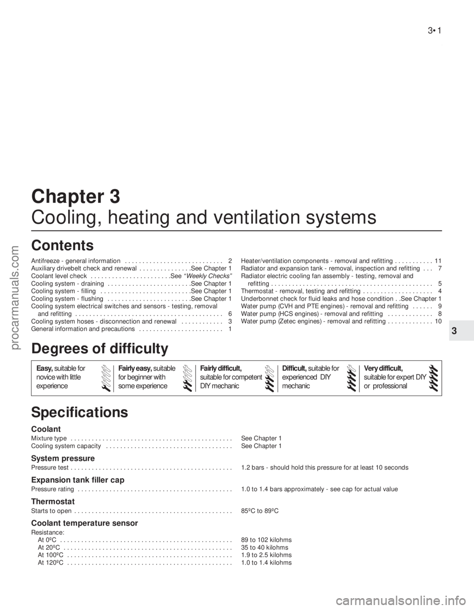 FORD FIESTA 1989  Service Repair Manual 3
1595Ford Fiesta Remake
Coolant
Mixture type  . . . . . . . . . . . . . . . . . . . . . . . . . . . . . . . . . . . .\
 . . . . . . . . . . See Chapter 1
Cooling system capacity  . . . . . . . . . . 