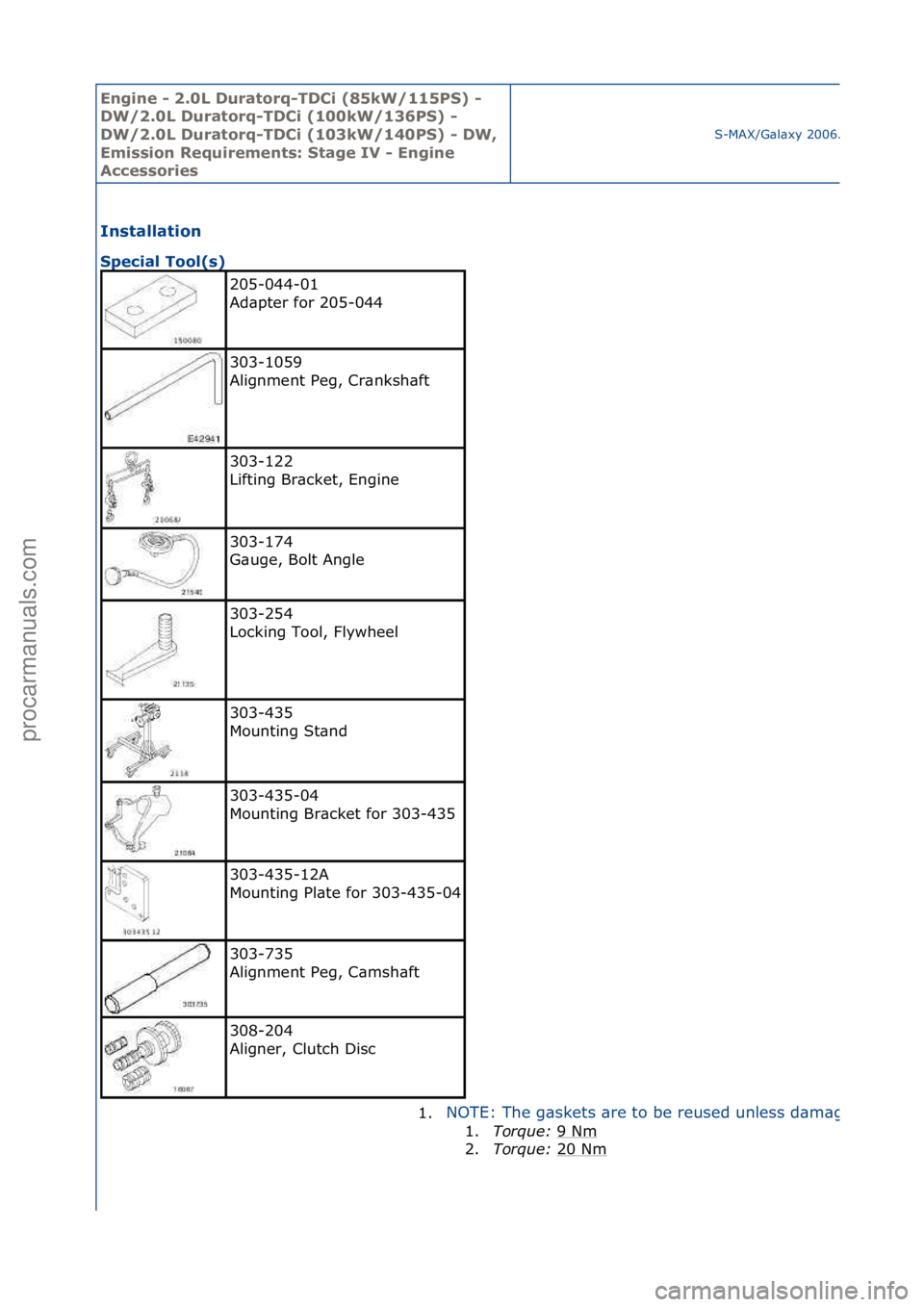 FORD GALAXY 2006  Service Repair Manual Engine - \b.0L \furatorq-T\fCi (85kW/115PS) - 
\fW/\b.0L \furatorq-T\fCi (100kW/136PS) - 
\fW/\b.0L \furatorq-T\fCi (103kW/140PS) - \fW, 
Emission Requirements: Stage IV - Engine 
Accessories
S-MAX/G\