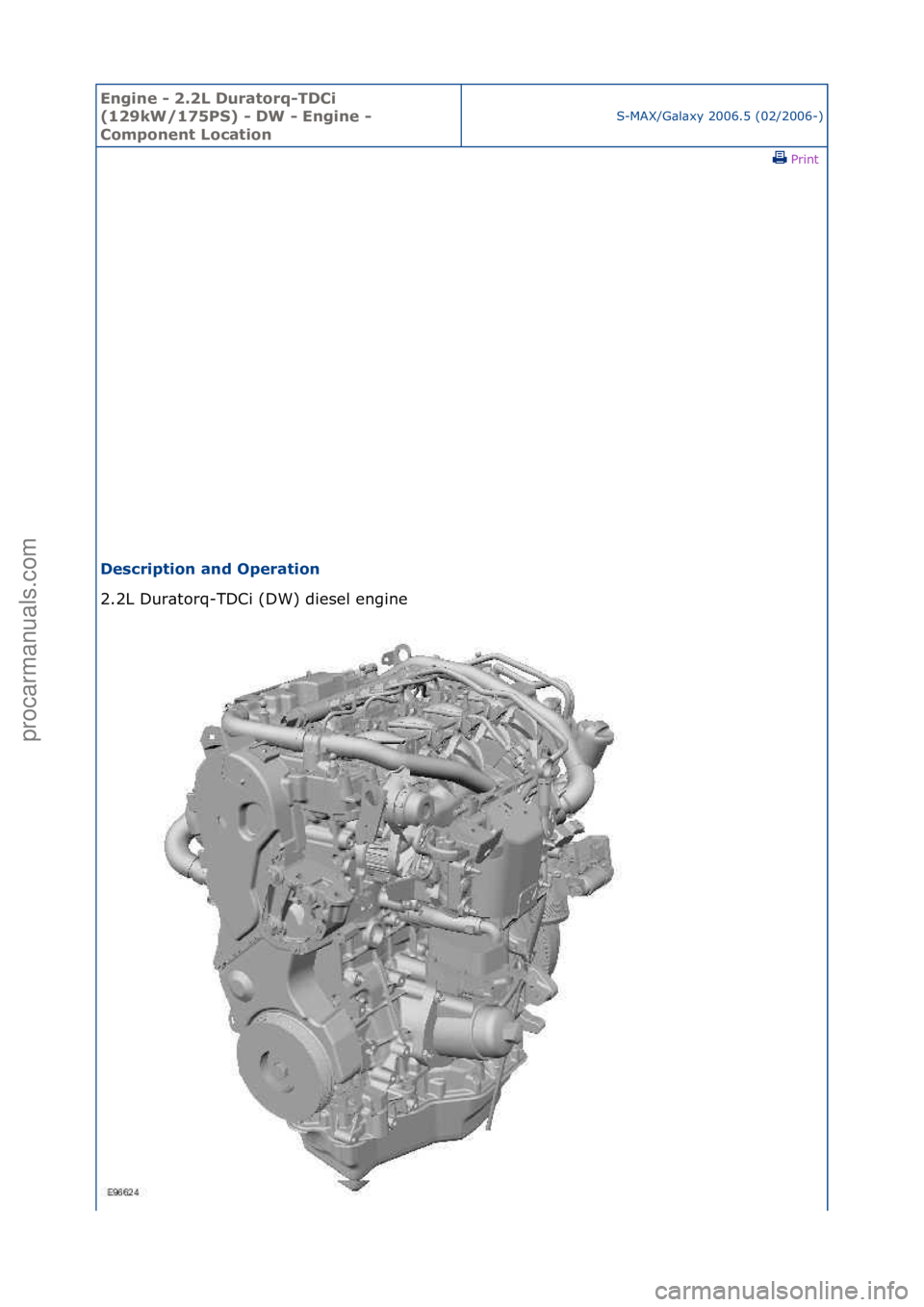 FORD GALAXY 2006  Service Repair Manual Engine - \b.\bL D\fratorq-TDCi 
(1\b9kW/175PS) - DW - Engine - 
Component Location
S-MAX/G\bl\bxy\f2006.5\f(02/2006-)\fPrint \f
Description and Operation 
2.2L\fDur\btorq-TDCi\f(DW)\fdiesel\fengine\f
