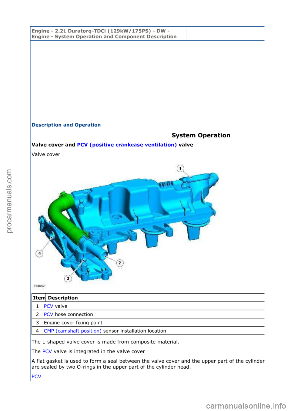 FORD GALAXY 2006  Service Repair Manual Engine - \b.\bL D\fratorq-TDCi (1\b9kW/175PS) - DW - 
Engine - System Operation and Component Description
Description and Operation System Operation 
Valve cover and  PCV
  (positive crankcase ventila