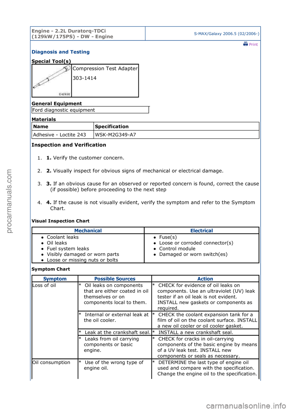 FORD GALAXY 2006  Service Repair Manual Engine - \b.\bL D\fratorq-TDCi 
(1\b9kW/175PS) - DW - EngineS-MAX/G\bl\bxy\f2006.5\f(02/2006-)\fPrint \f
Diagnosis and Testing 
Special Tool(s) 
Gen

eral Eq\fipment 
Materials 
Specification 
WSK-M2G