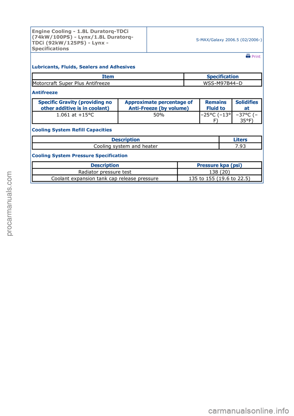 FORD GALAXY 2006  Service Repair Manual Engine C\b\bling - 1\f8L Durat\brq-TDCi 
(74kW/100PS) - Lynx/1\f8L Durat\brq-
TDCi (92kW/125PS) - Lynx - 
Specificati\bns
S-MAX/G\bl\bxy\f2006.5\f(02/2006-)\fPrint \f
Lubricants, Fluids, Sealers and A