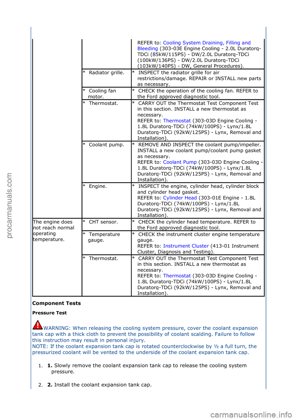 FORD GALAXY 2006  Service Repair Manual C\bmp\bnent Tests 
Pressure Test WARNING:\fWhen\frele\bsing\fthe\fcooling\fsystem\fpressure,\fcover\fthe\fcool\bnt\fexp\bnsion\f
t\b

nk\fc\bp\fwith\f\b\fthick\fcloth\fto\fprevent\fthe\fpossibility\fo