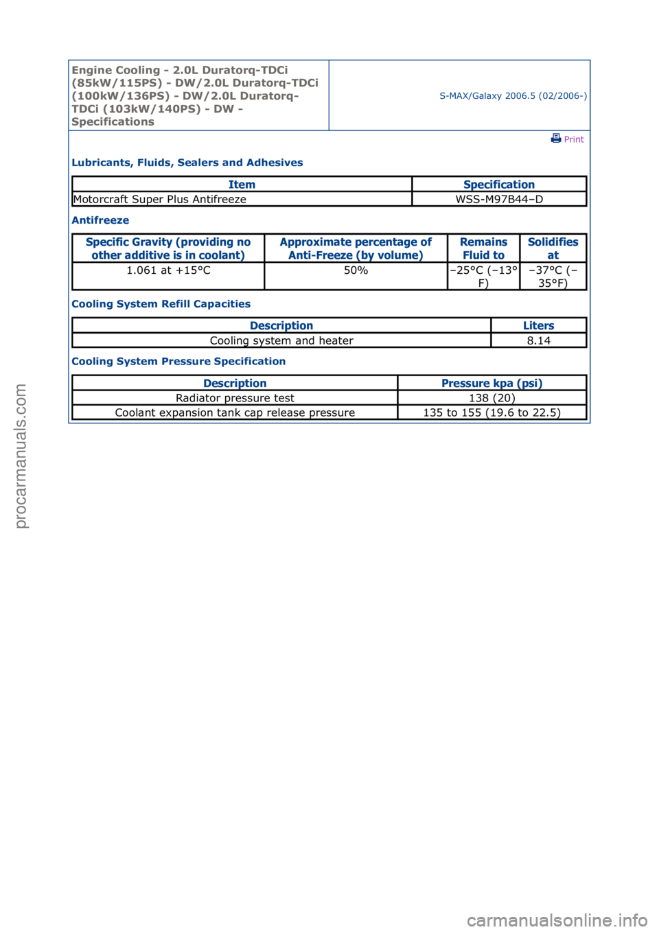 FORD GALAXY 2006  Service Repair Manual Engine C\b\bling - 2\f0L Durat\brq-TDCi 
(85kW/115PS) - DW/2\f0L Durat\brq-TDCi 
(100kW/136PS) - DW/2\f0L Durat\brq-
TDCi (103kW/140PS) - DW - 
Specificati\bns
S-MAX/G\bl\bxy\f2006.5\f(02/2006-)\fPrin