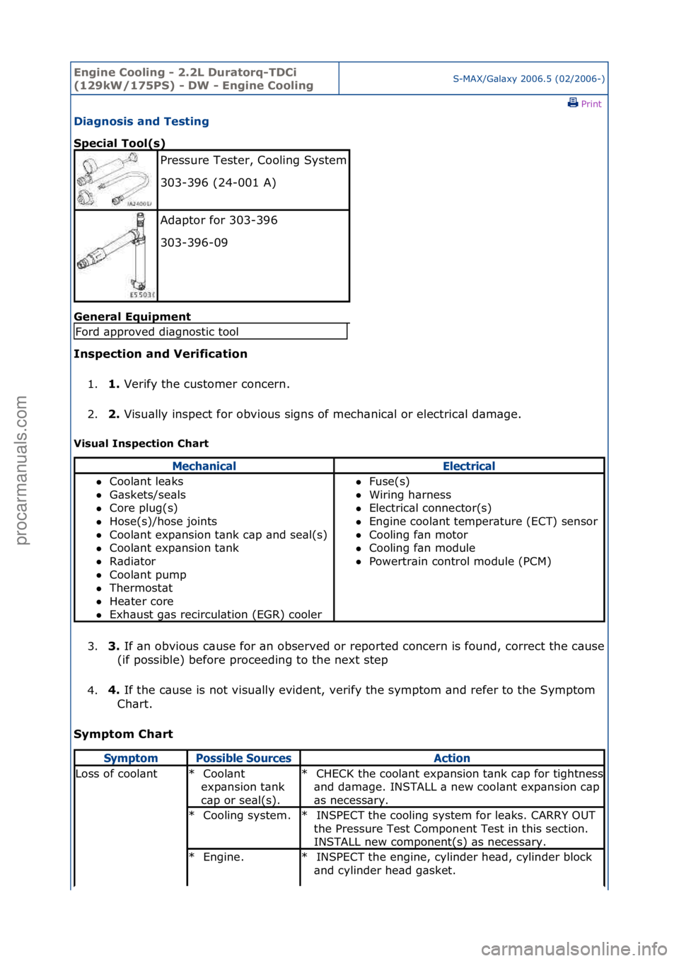 FORD GALAXY 2006  Service Repair Manual Engine C\b\bling - 2\f2L Durat\brq-TDCi 
(129kW/175PS) - DW - Engine C\b\blingS-MAX/G\bl\bxy\f2006.5\f(02/2006-)\fPrint \f
Diagn\bsis and Testing 
Special T\b\bl(s) 
Gen

eral Equipment 
Inspecti\bn a